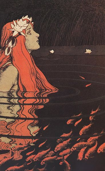 A nixie, with a lotus wreath in her vibrant red hair, relaxes in a goldfish pond.